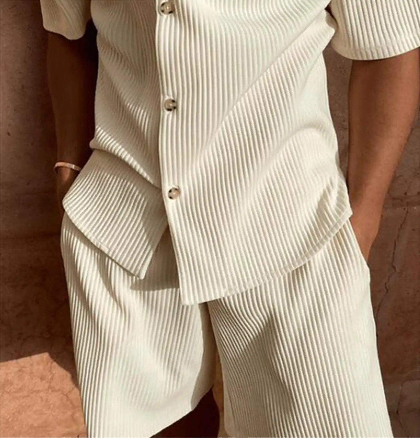 Spring/Summer suit Solid color corduroy shorts sleeve shirt and shorts stretch beach casual suit - Image 5