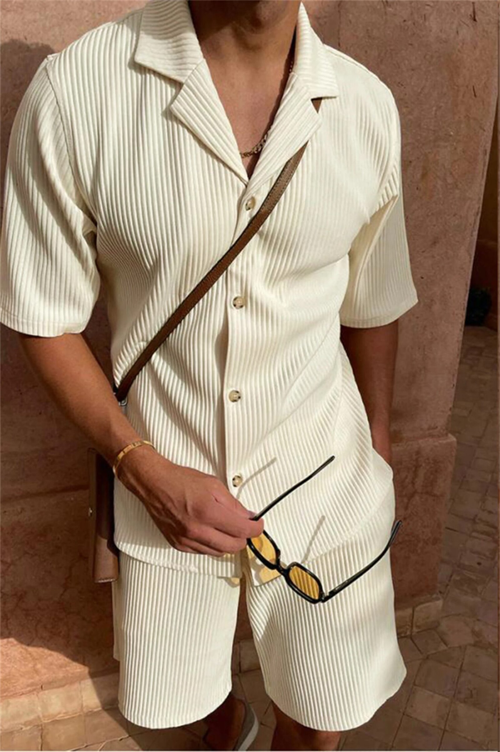 Spring/Summer suit Solid color corduroy shorts sleeve shirt and shorts stretch beach casual suit - Image 2