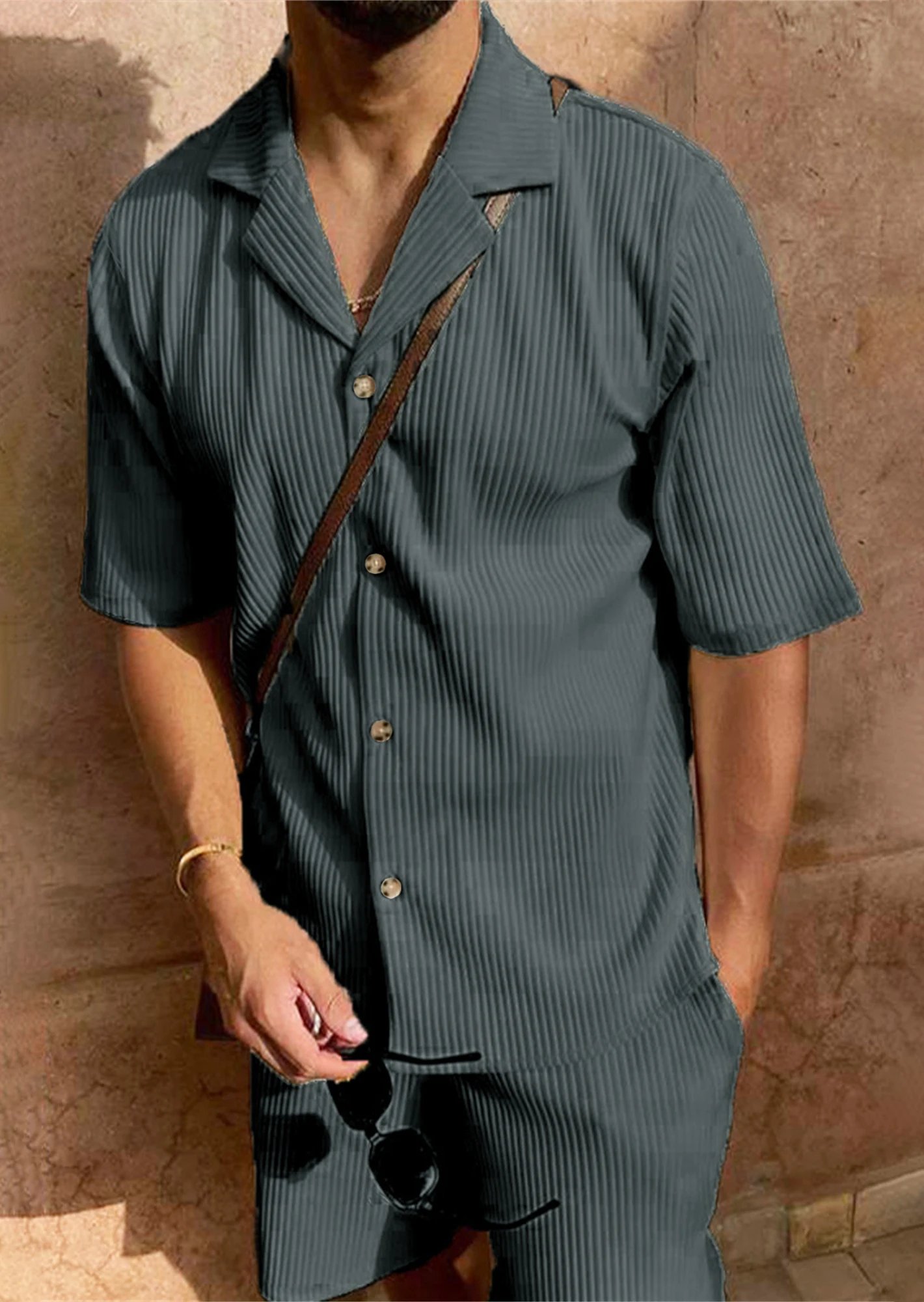 Spring/Summer suit Solid color corduroy shorts sleeve shirt and shorts stretch beach casual suit Spring/Summer suit Solid color corduroy shorts sleeve shirt and shorts stretch beach casual suit