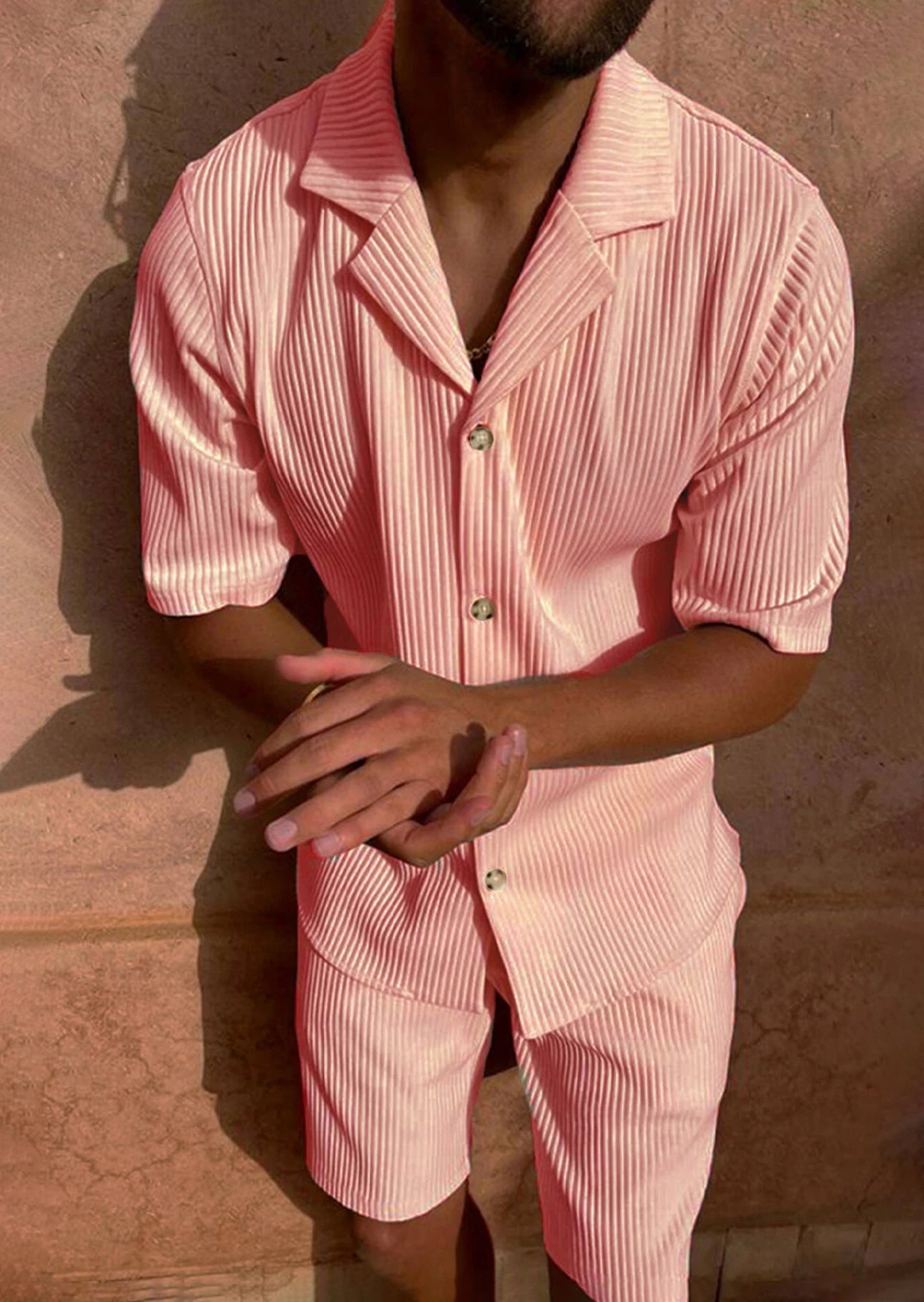 Spring/Summer suit Solid color corduroy shorts sleeve shirt and shorts stretch beach casual suit Spring/Summer suit Solid color corduroy shorts sleeve shirt and shorts stretch beach casual suit