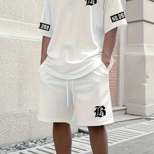 Hot selling summer new men's set with letter print casual fashion T-shirt short sleeved shorts sports outdoor set