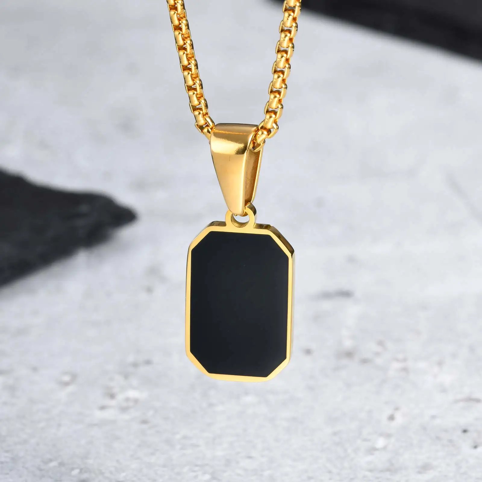 Black Enamel Square Necklace for Men Women,Stylish Stainless Steel Geometric Pendant,Anniversary Birthday Father Gift