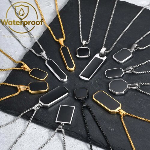 Black Enamel Square Necklace for Men Women,Stylish Stainless Steel Geometric Pendant,Anniversary Birthday Father Gift