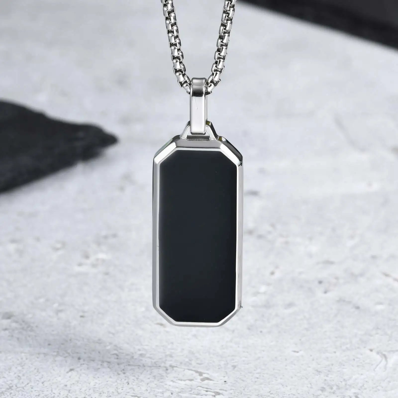 Black Enamel Square Necklace for Men Women,Stylish Stainless Steel Geometric Pendant,Anniversary Birthday Father Gift