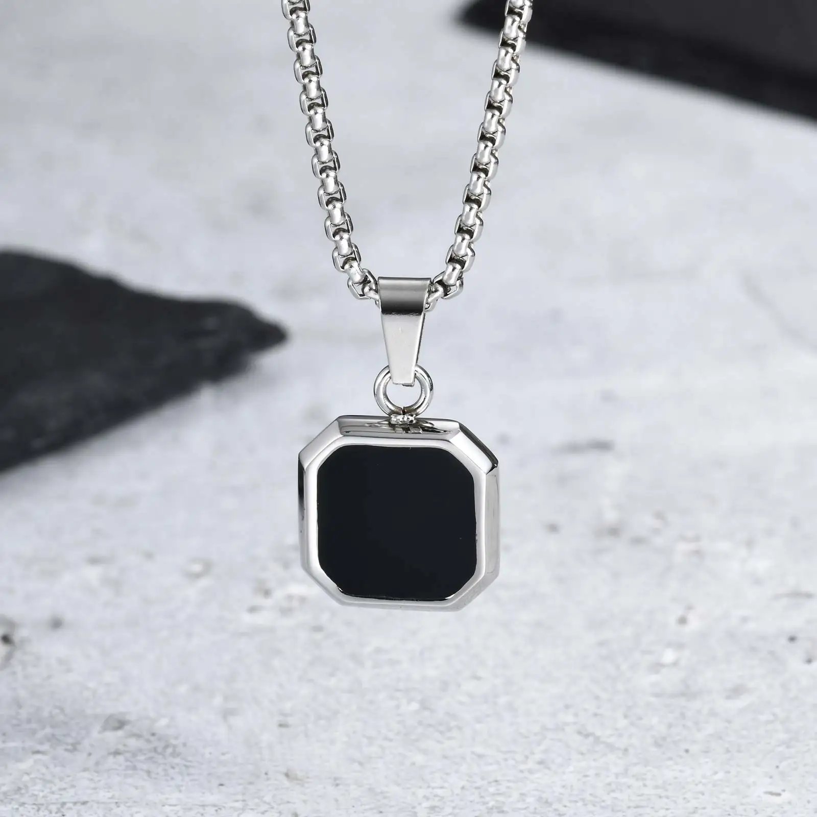 Black Enamel Square Necklace for Men Women,Stylish Stainless Steel Geometric Pendant,Anniversary Birthday Father Gift