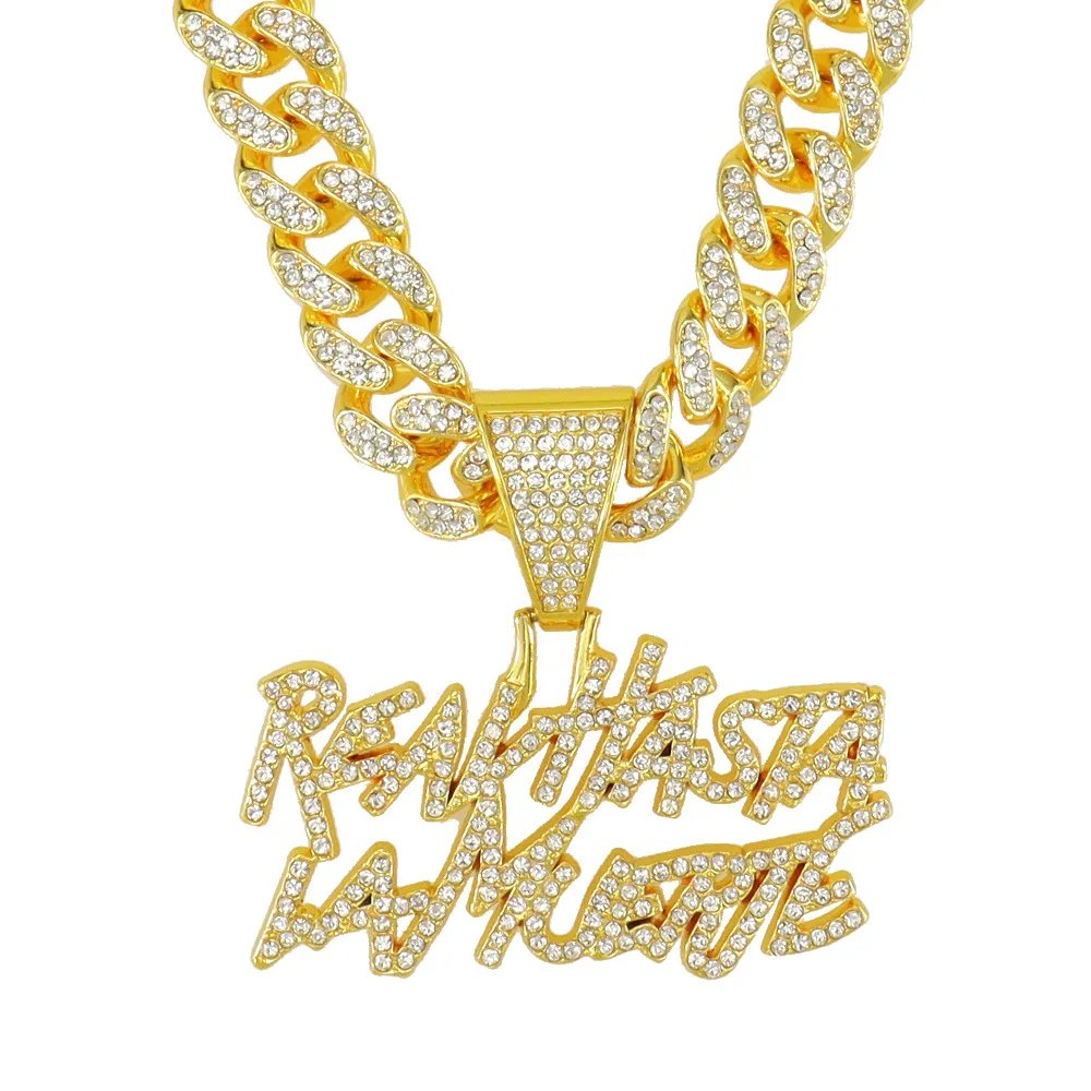 ULJ Men Women Hip Hop realhasta lamuerte Letter  Pendant Necklace 12MM Cuban chain Iced out Bling Hiphop Fashion Charm Jewelry