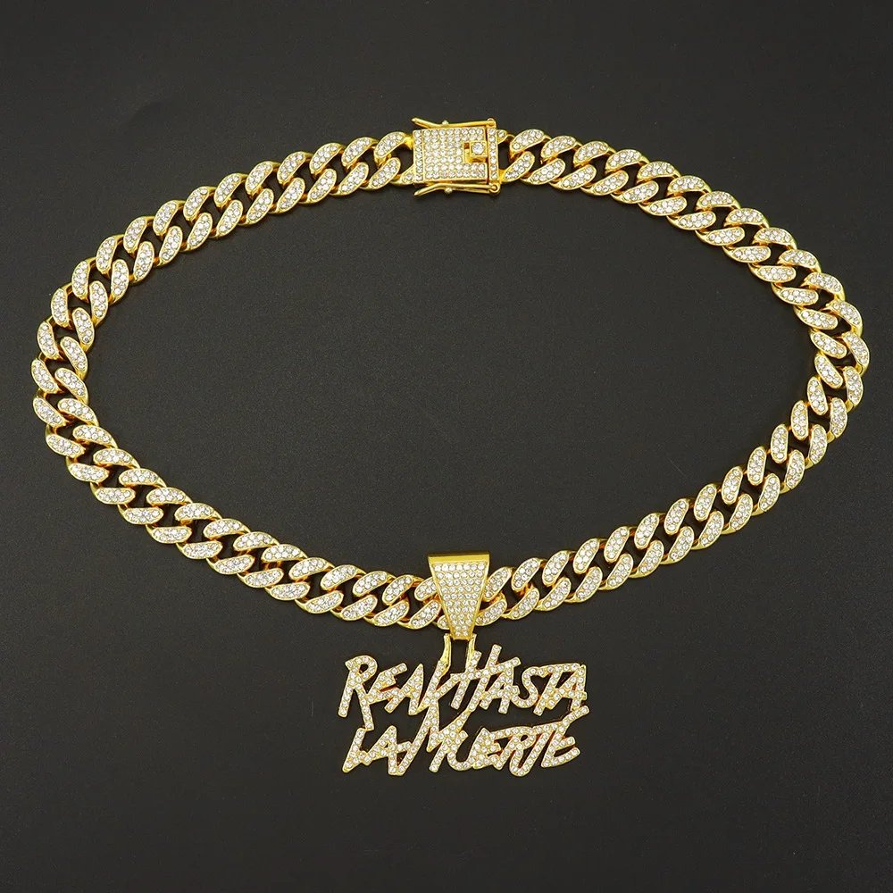 ULJ Men Women Hip Hop realhasta lamuerte Letter  Pendant Necklace 12MM Cuban chain Iced out Bling Hiphop Fashion Charm Jewelry