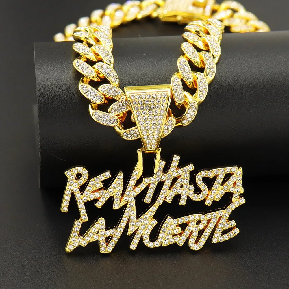 ULJ Men Women Hip Hop realhasta lamuerte Letter  Pendant Necklace 12MM Cuban chain Iced out Bling Hiphop Fashion Charm Jewelry