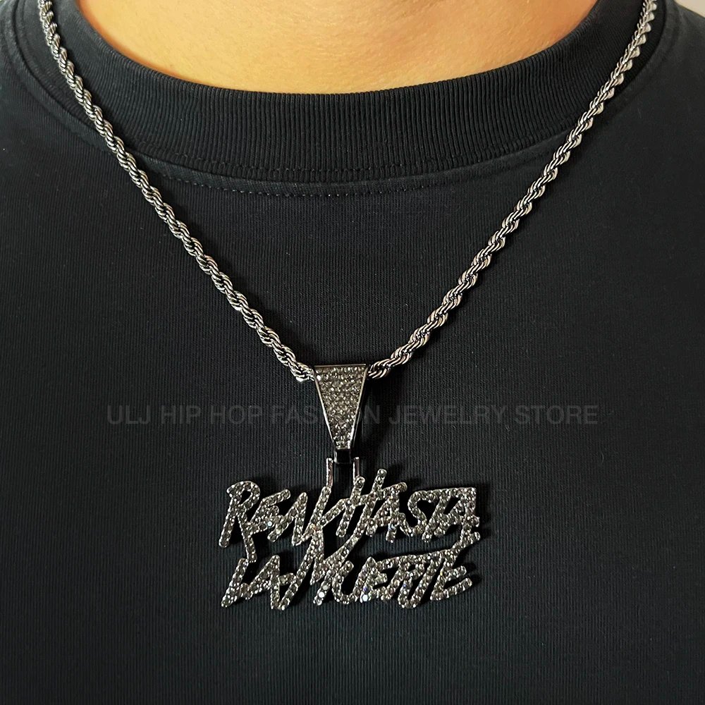 ULJ Men Women Hip Hop realhasta lamuerte Letter  Pendant Necklace 12MM Cuban chain Iced out Bling Hiphop Fashion Charm Jewelry