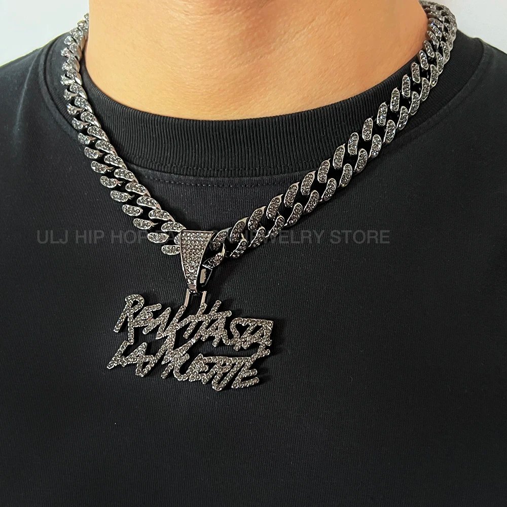 ULJ Men Women Hip Hop realhasta lamuerte Letter  Pendant Necklace 12MM Cuban chain Iced out Bling Hiphop Fashion Charm Jewelry