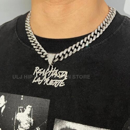 ULJ Men Women Hip Hop realhasta lamuerte Letter  Pendant Necklace 12MM Cuban chain Iced out Bling Hiphop Fashion Charm Jewelry