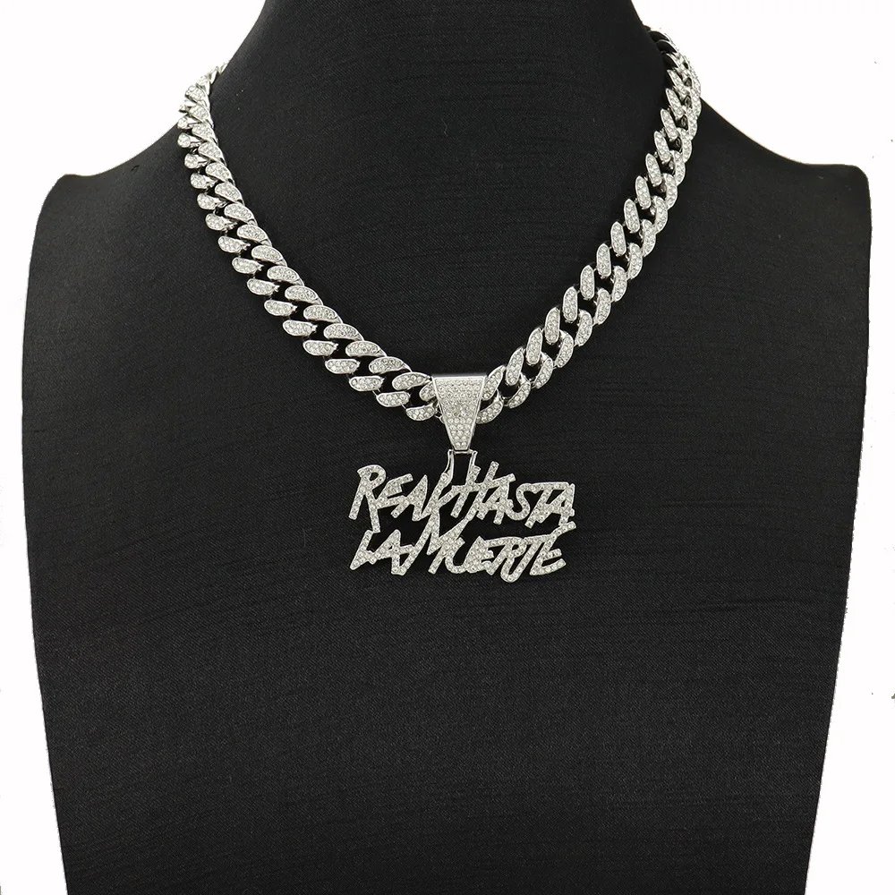 ULJ Men Women Hip Hop realhasta lamuerte Letter  Pendant Necklace 12MM Cuban chain Iced out Bling Hiphop Fashion Charm Jewelry
