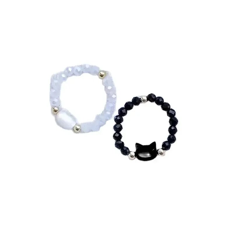 Fashion Natural Moonstone Obsidian Rings Minimalist Handmade Cute Black White Cat Bead Ring Women Party Accessories Jewelry Gift - Image 3