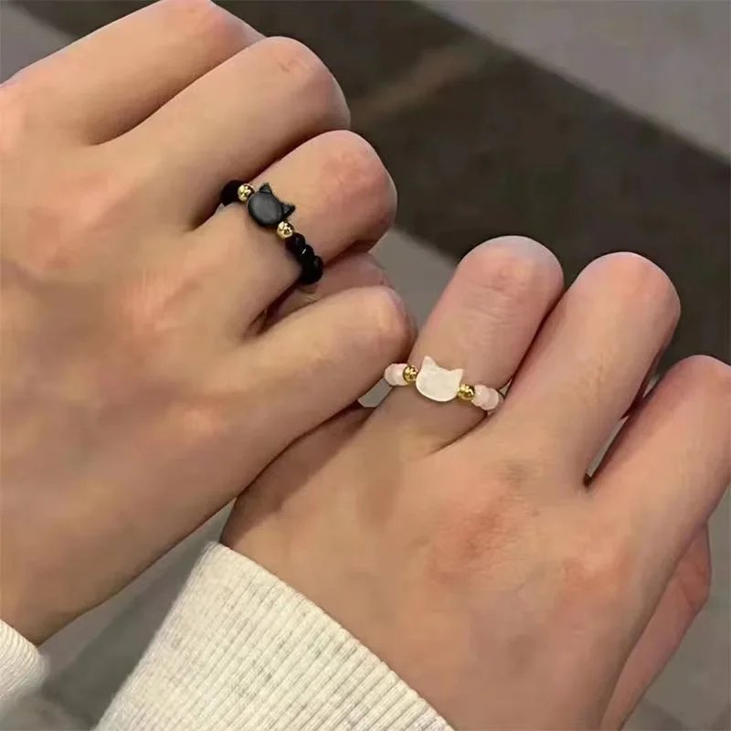 Fashion Natural Moonstone Obsidian Rings Minimalist Handmade Cute Black White Cat Bead Ring Women Party Accessories Jewelry Gift - Image 4