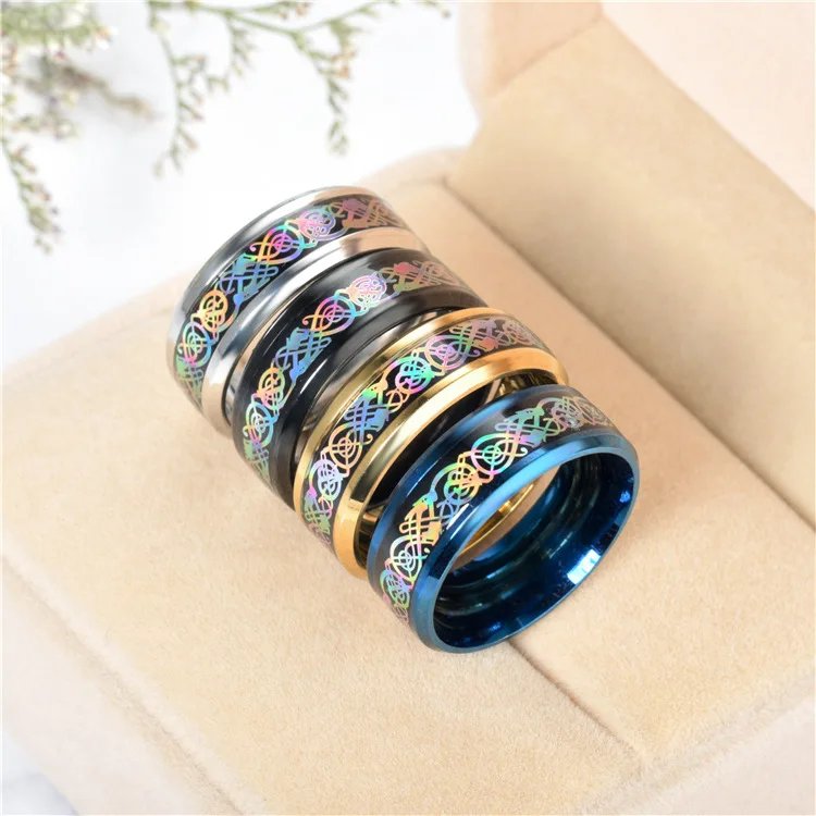 20 Colors Men Jewelry Red Blue Black Dragon Inlay Comfort Fit Stainless Steel Rings For Wedding Wide 8mm