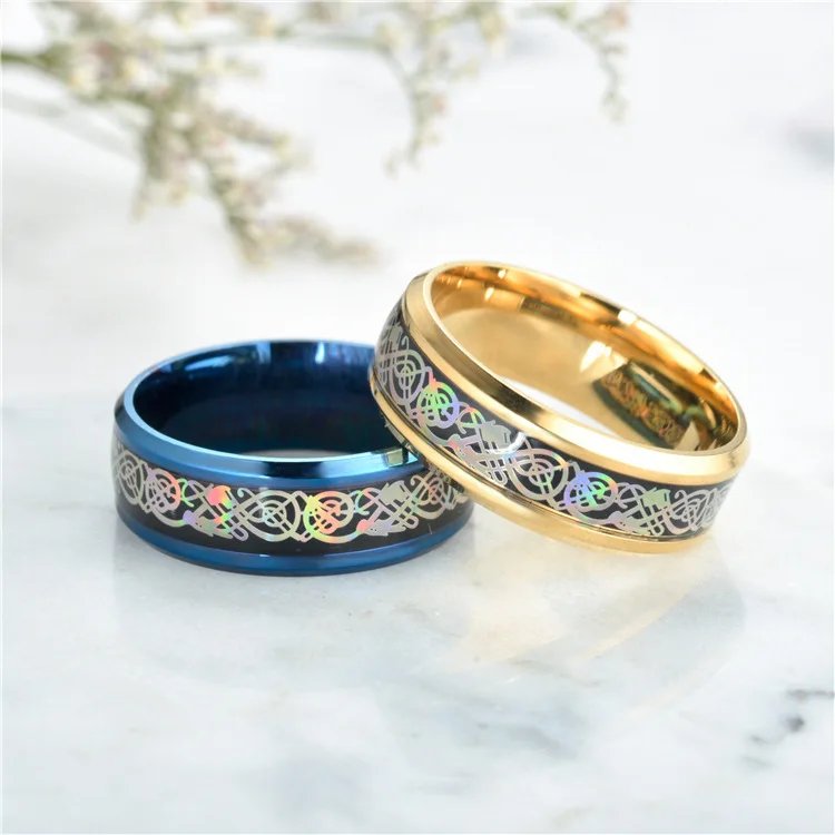 20 Colors Men Jewelry Red Blue Black Dragon Inlay Comfort Fit Stainless Steel Rings For Wedding Wide 8mm