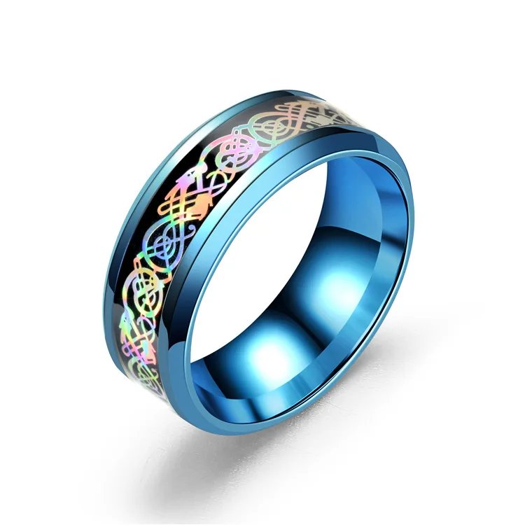 20 Colors Men Jewelry Red Blue Black Dragon Inlay Comfort Fit Stainless Steel Rings For Wedding Wide 8mm