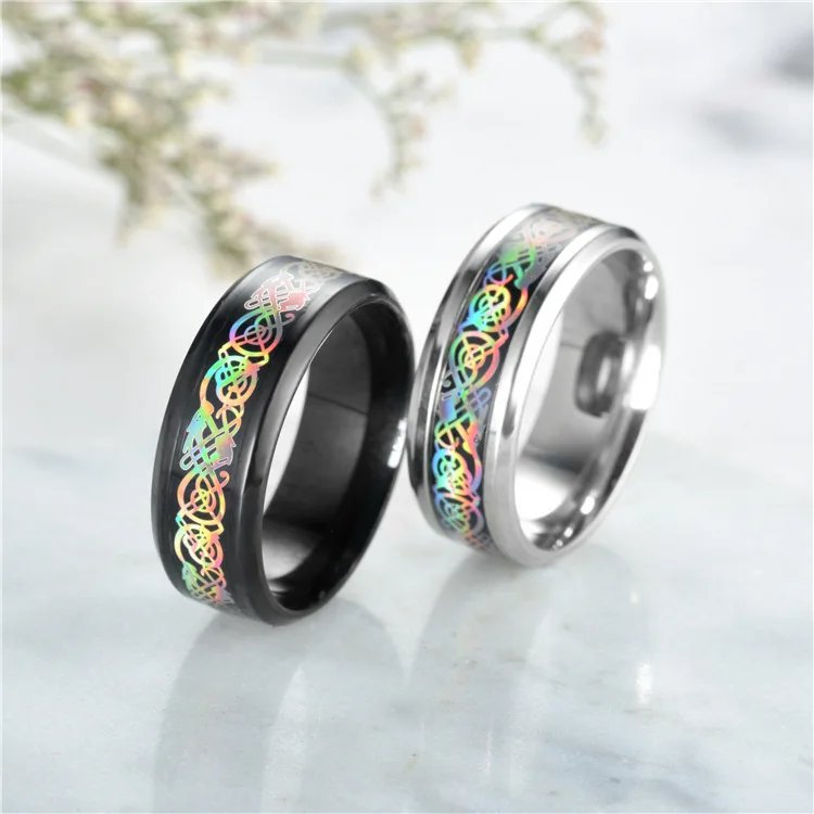 20 Colors Men Jewelry Red Blue Black Dragon Inlay Comfort Fit Stainless Steel Rings For Wedding Wide 8mm