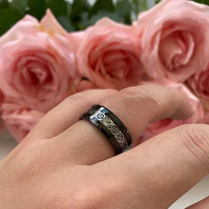 20 Colors Men Jewelry Red Blue Black Dragon Inlay Comfort Fit Stainless Steel Rings For Wedding Wide 8mm