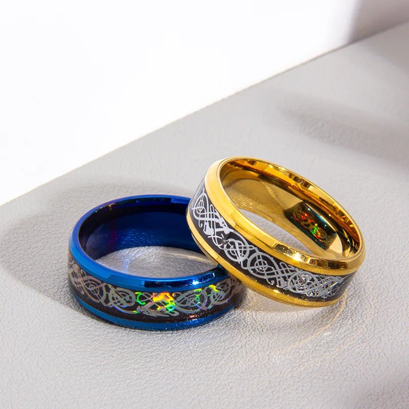 20 Colors Men Jewelry Red Blue Black Dragon Inlay Comfort Fit Stainless Steel Rings For Wedding Wide 8mm