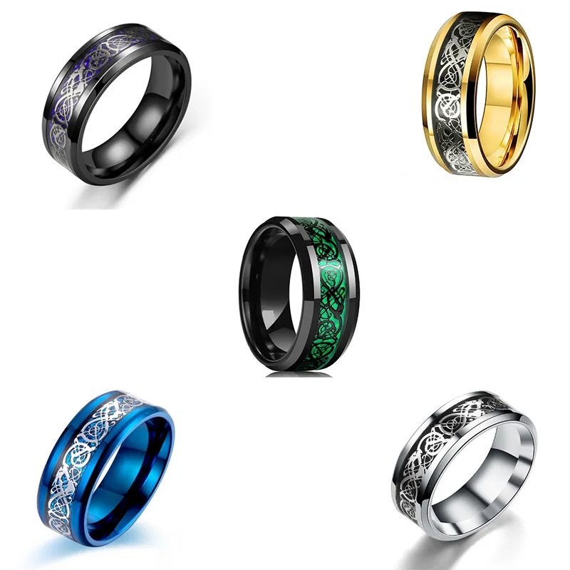 20 Colors Men Jewelry Red Blue Black Dragon Inlay Comfort Fit Stainless Steel Rings For Wedding Wide 8mm