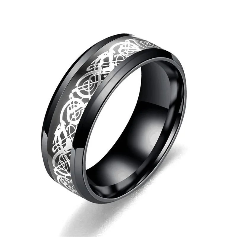 20 Colors Men Jewelry Red Blue Black Dragon Inlay Comfort Fit Stainless Steel Rings For Wedding Wide 8mm