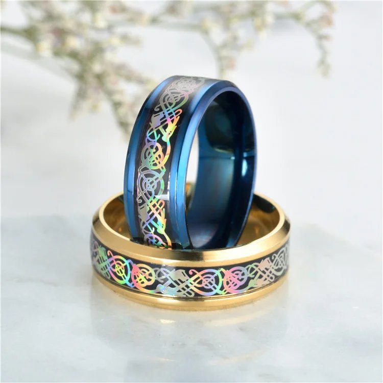 20 Colors Men Jewelry Red Blue Black Dragon Inlay Comfort Fit Stainless Steel Rings For Wedding Wide 8mm