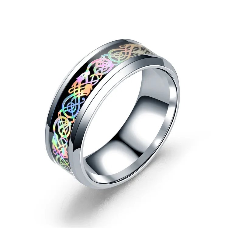 20 Colors Men Jewelry Red Blue Black Dragon Inlay Comfort Fit Stainless Steel Rings For Wedding Wide 8mm