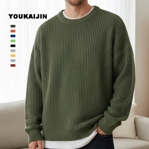 Autumn Crew Neck Solid Color Pullover Sweaters for Men Casual Slim Fit Knitted Sweater High Street Fashion Korean Clothing