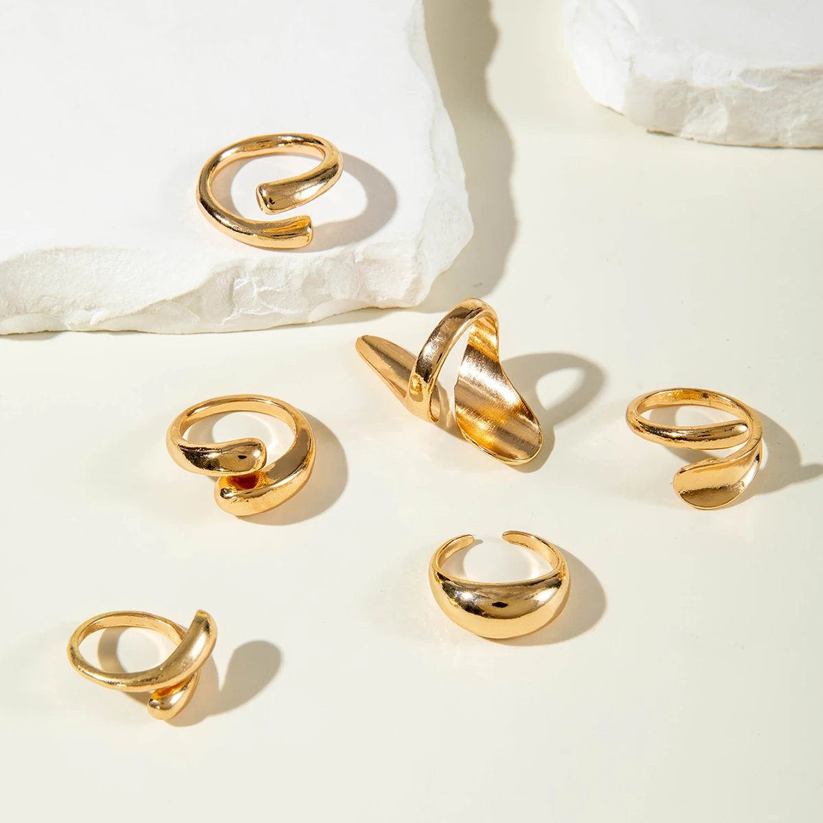 Tocona Fashion Gold Color Lrregular Intersect Ring Sets for Women Classic Smooth Wave Finger Rings Party Jewelry 6pc/set