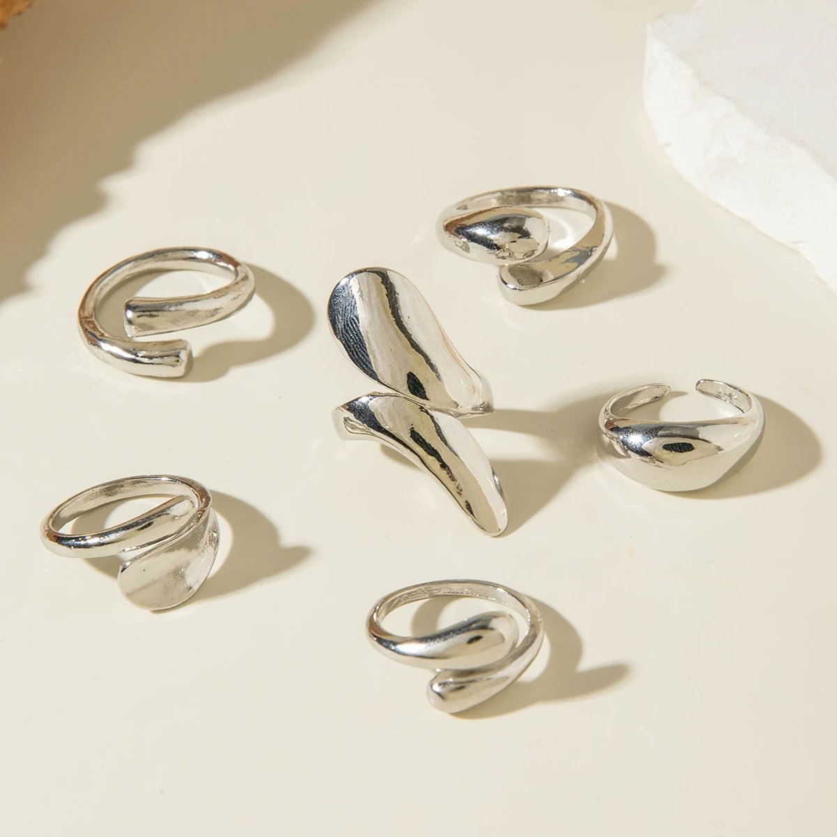 Tocona Fashion Gold Color Lrregular Intersect Ring Sets for Women Classic Smooth Wave Finger Rings Party Jewelry 6pc/set