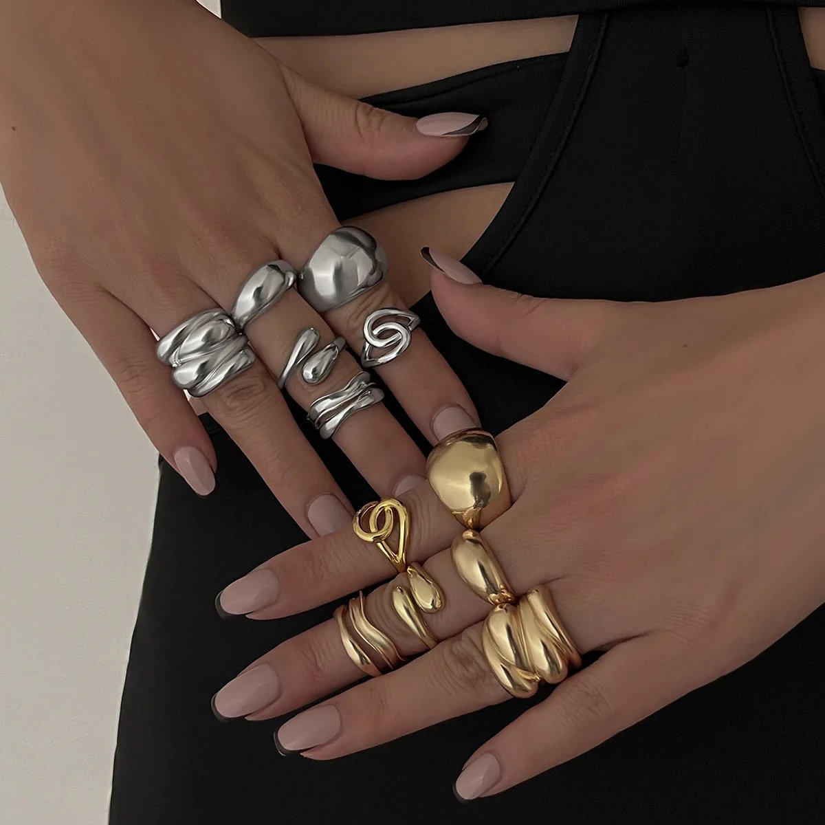 Tocona Fashion Gold Color Lrregular Intersect Ring Sets for Women Classic Smooth Wave Finger Rings Party Jewelry 6pc/set