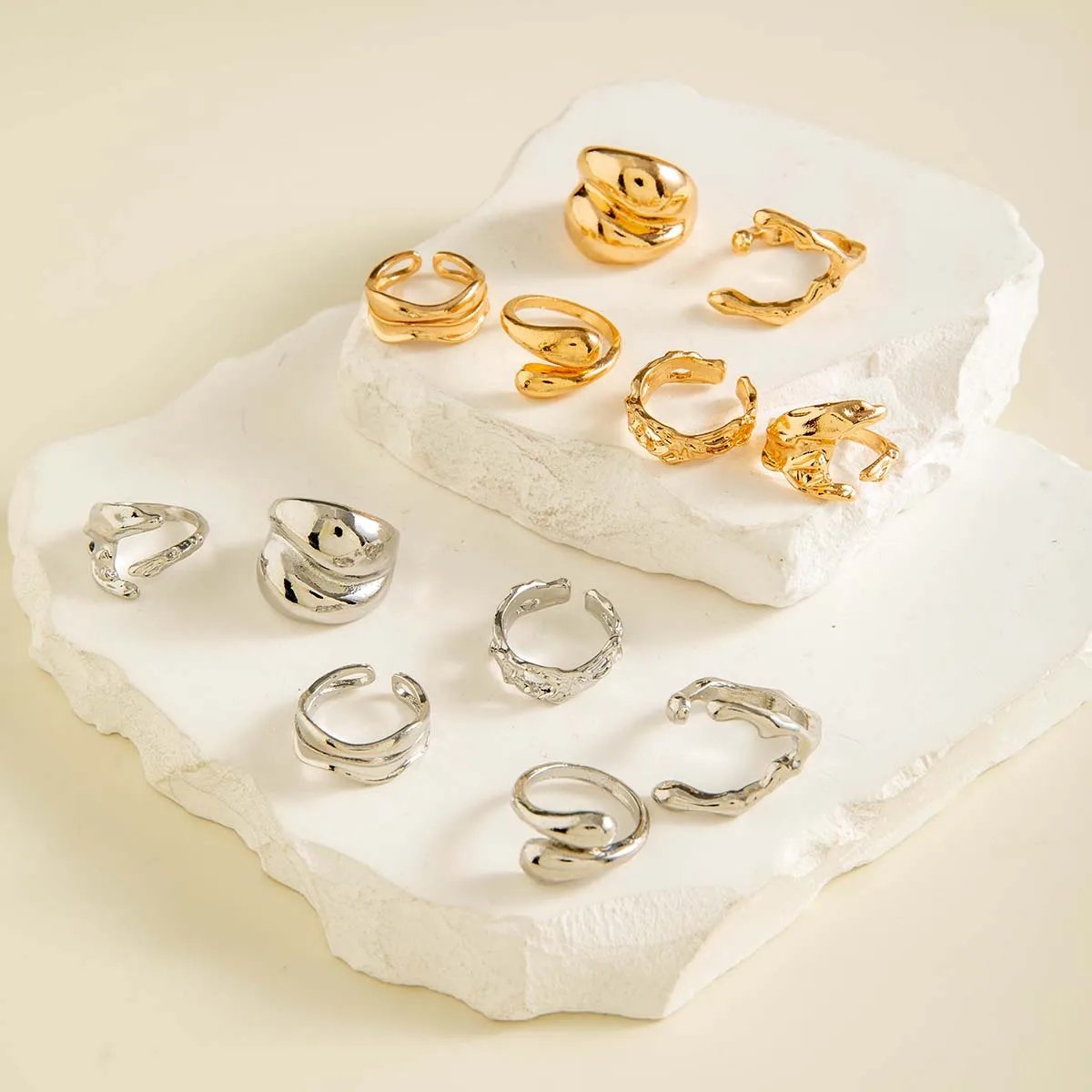 Tocona Fashion Gold Color Lrregular Intersect Ring Sets for Women Classic Smooth Wave Finger Rings Party Jewelry 6pc/set