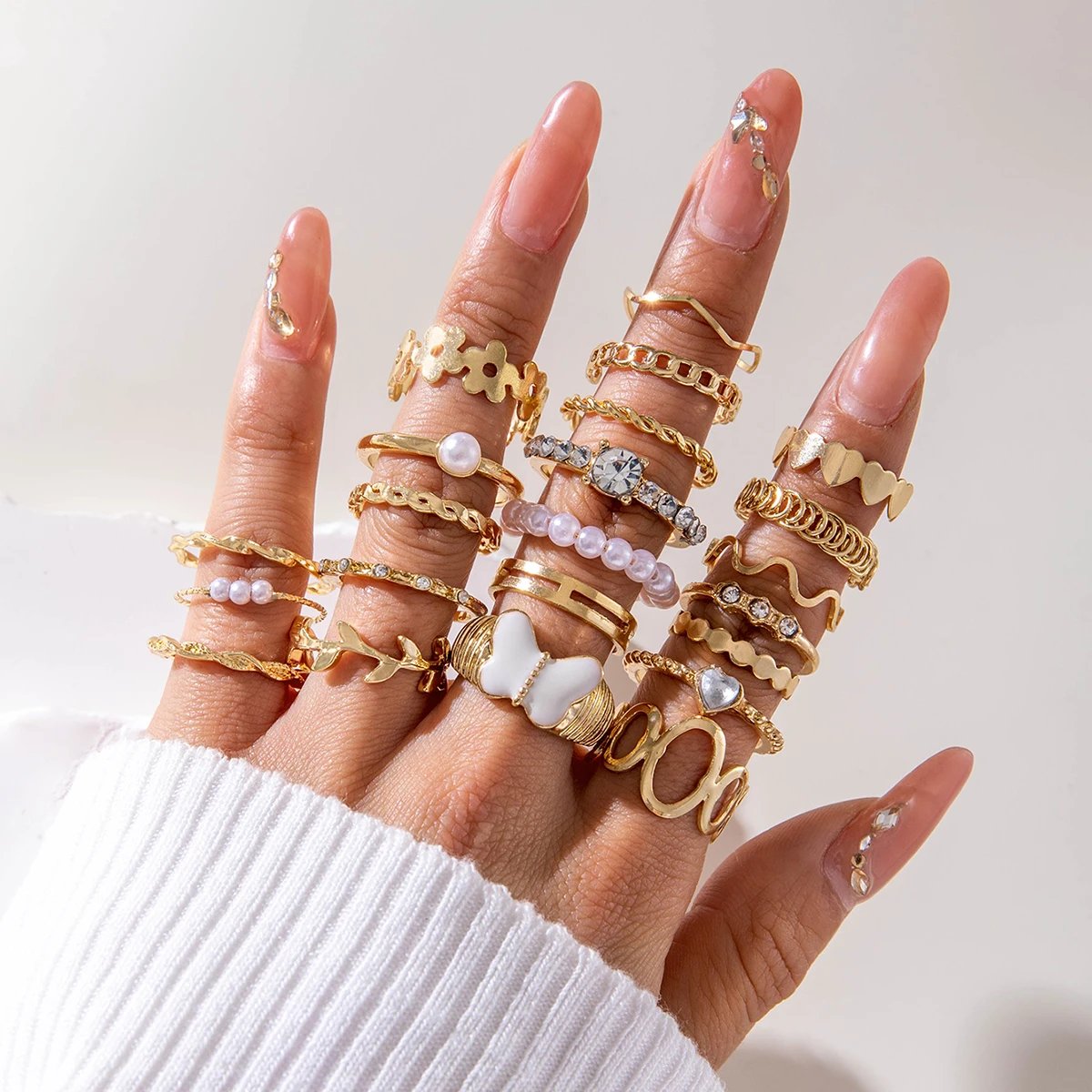 Tocona Fashion Gold Color Lrregular Intersect Ring Sets for Women Classic Smooth Wave Finger Rings Party Jewelry 6pc/set