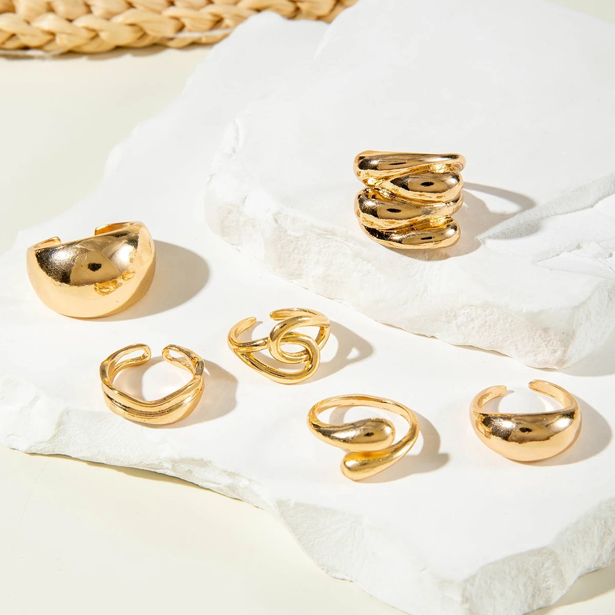 Tocona Fashion Gold Color Lrregular Intersect Ring Sets for Women Classic Smooth Wave Finger Rings Party Jewelry 6pc/set