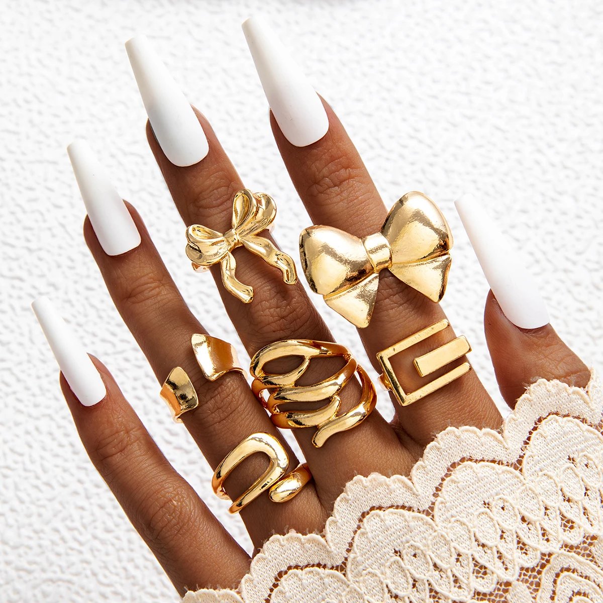 Tocona Fashion Gold Color Lrregular Intersect Ring Sets for Women Classic Smooth Wave Finger Rings Party Jewelry 6pc/set