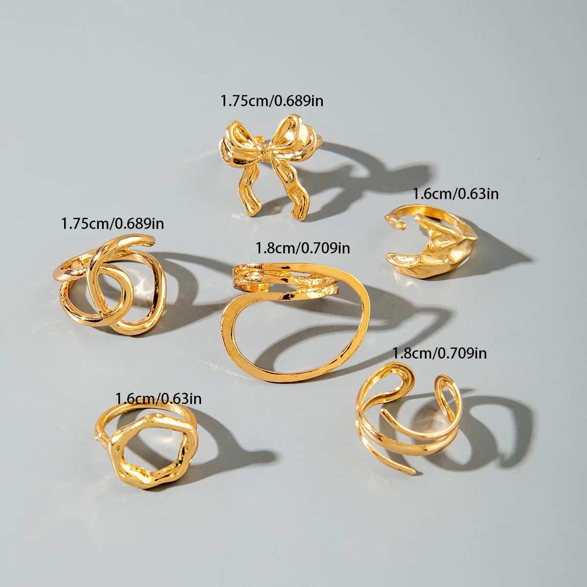 Tocona Fashion Gold Color Lrregular Intersect Ring Sets for Women Classic Smooth Wave Finger Rings Party Jewelry 6pc/set
