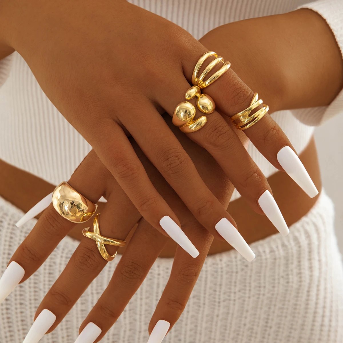 Tocona Fashion Gold Color Lrregular Intersect Ring Sets for Women Classic Smooth Wave Finger Rings Party Jewelry 6pc/set
