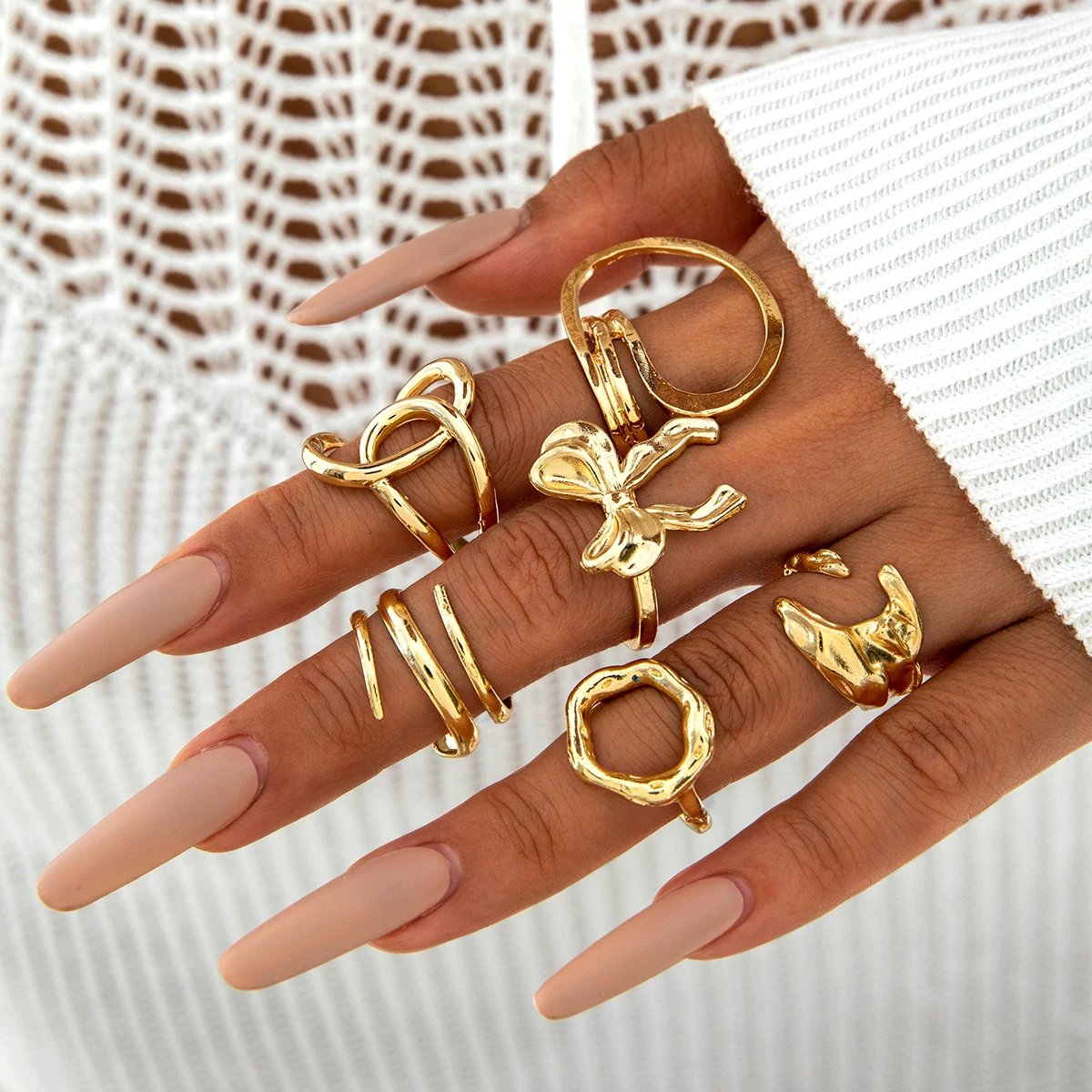 Tocona Fashion Gold Color Lrregular Intersect Ring Sets for Women Classic Smooth Wave Finger Rings Party Jewelry 6pc/set