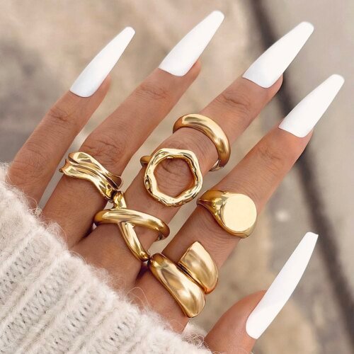 Tocona Fashion Gold Color Lrregular Intersect Ring Sets for Women Classic Smooth Wave Finger Rings Party Jewelry 6pc/set