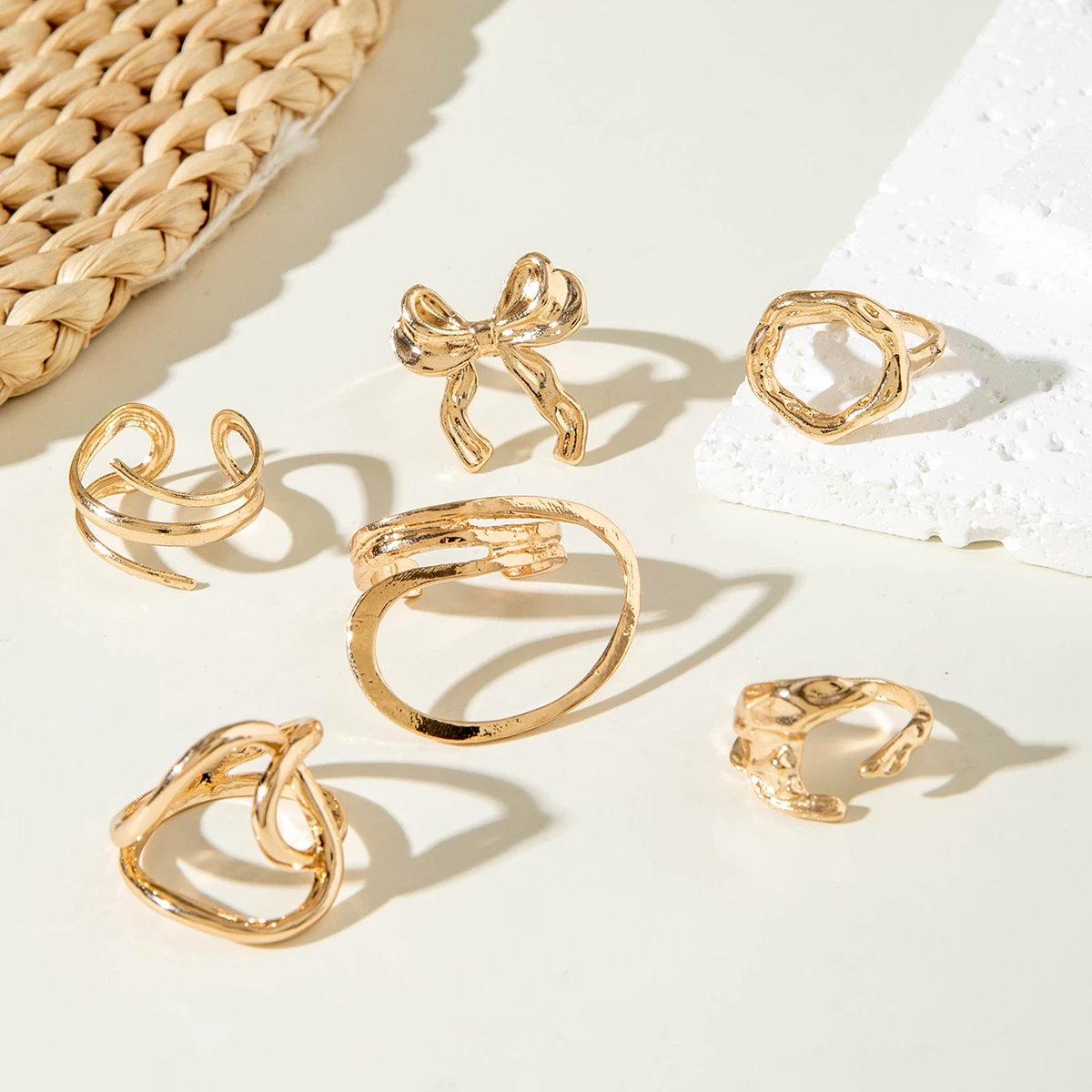 Tocona Fashion Gold Color Lrregular Intersect Ring Sets for Women Classic Smooth Wave Finger Rings Party Jewelry 6pc/set