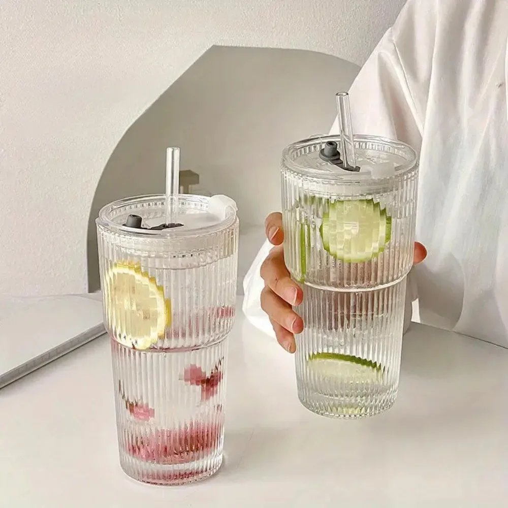 600ml Stripe Glass Cup with Lid and Straw Transparent Drinking Glasses for Juice Water and Iced Coffee Cups Mug Drinkware 600ml Stripe Glass Cup with Lid and Straw Transparent Drinking Glasses for Juice Water and Iced Coffee Cups Mug Drinkware