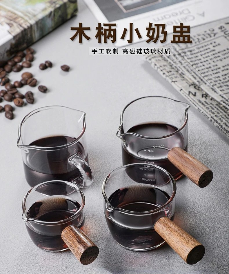 50/75/100ML Wooden Handle Glass Espresso Measuring Cup Double/Single Mouth Milk Latte Jug Coffee Supplies Kitchen Mug Drinkware