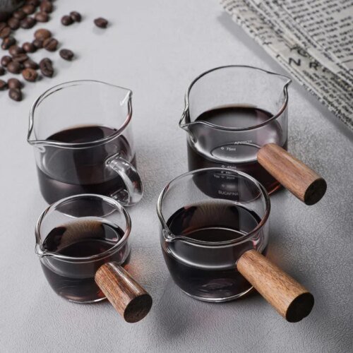 50/75/100ML Wooden Handle Glass Espresso Measuring Cup Double/Single Mouth Milk Latte Jug Coffee Supplies Kitchen Mug Drinkware