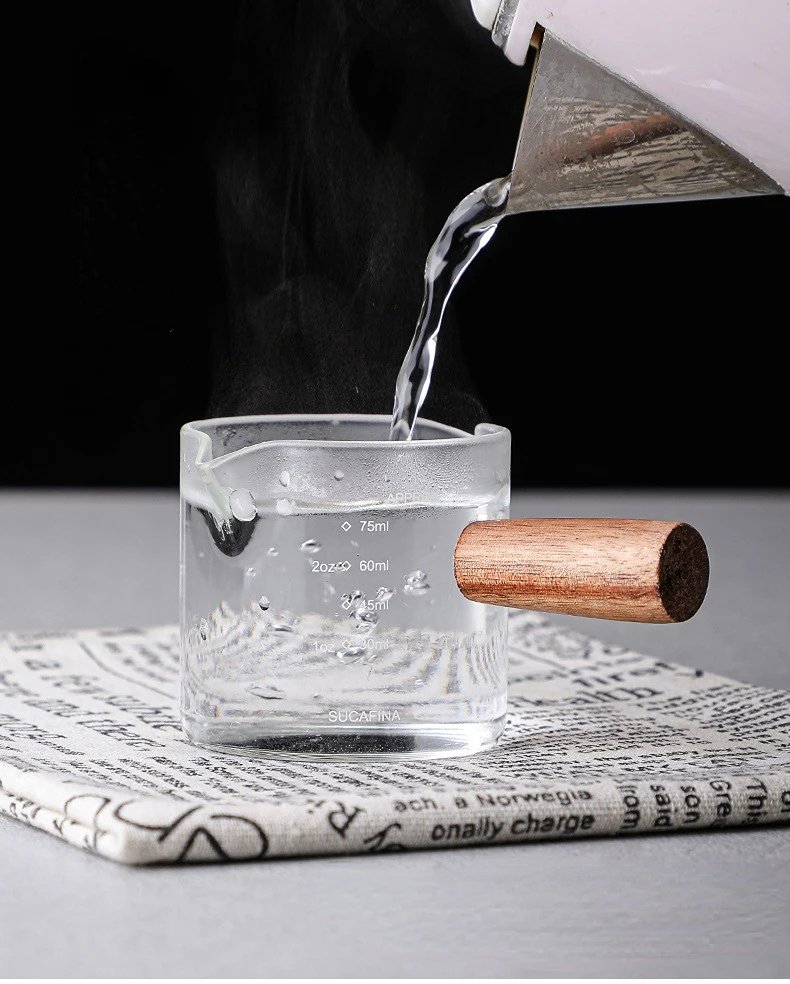 50/75/100ML Wooden Handle Glass Espresso Measuring Cup Double/Single Mouth Milk Latte Jug Coffee Supplies Kitchen Mug Drinkware
