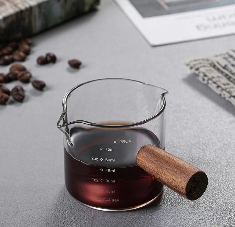 50/75/100ML Wooden Handle Glass Espresso Measuring Cup Double/Single Mouth Milk Latte Jug Coffee Supplies Kitchen Mug Drinkware